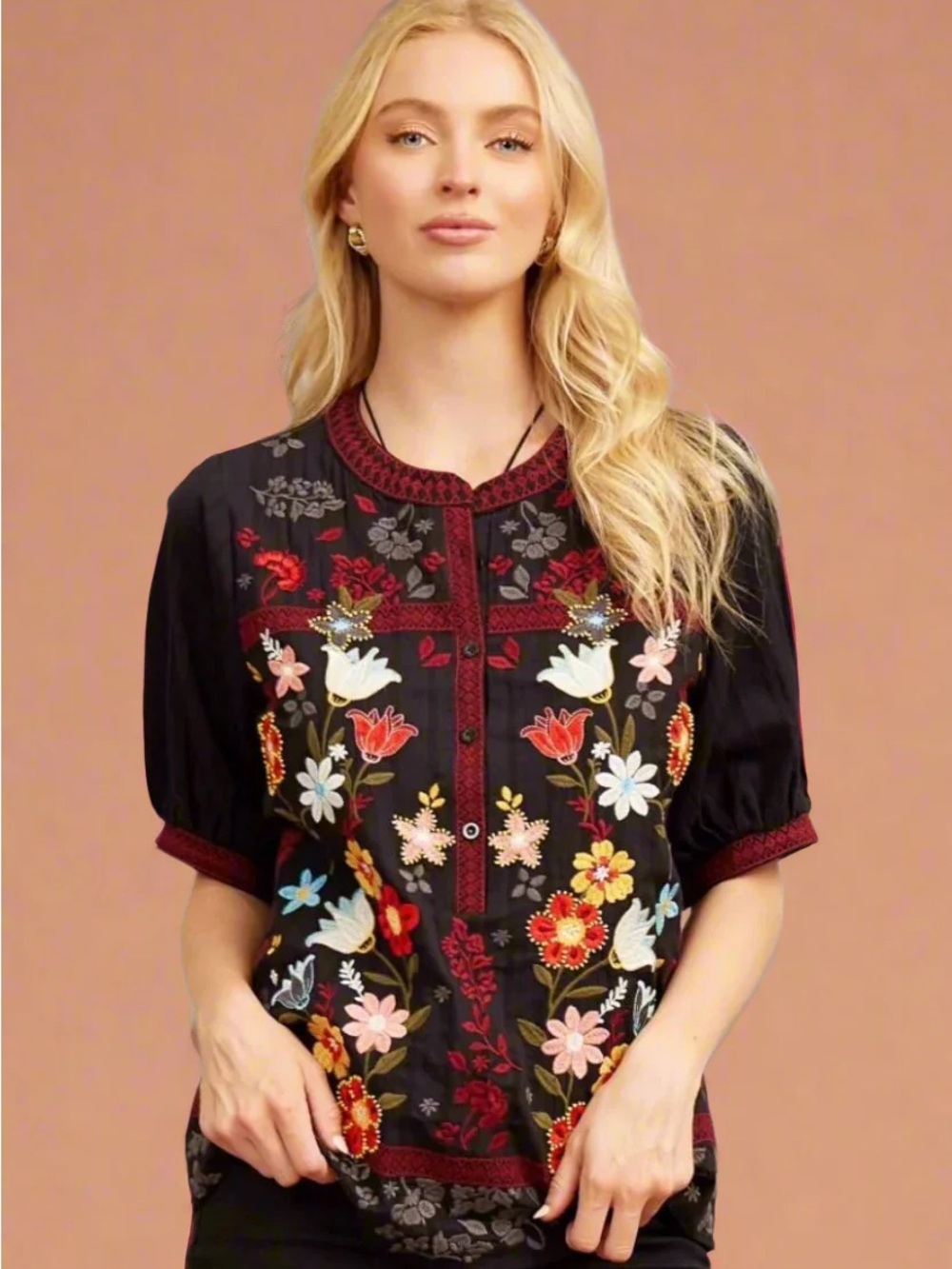 Savanna Jane Black Floral Embroidered Mandarin Collar Top Size Medium